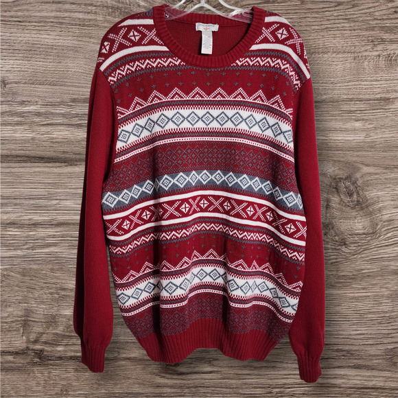 Dockers red fair Isle pattern winter cozy crew neck knit sweater men's size XL - Picture 2 of 10